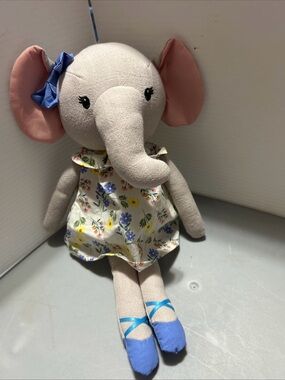 Plush Grey Elephant Doll with Pink Ears and Blue Bow